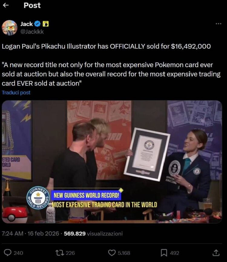 Record storico nel collezionismo: venduto il Pikachu Illustrator per 16,5 milioni di dollari